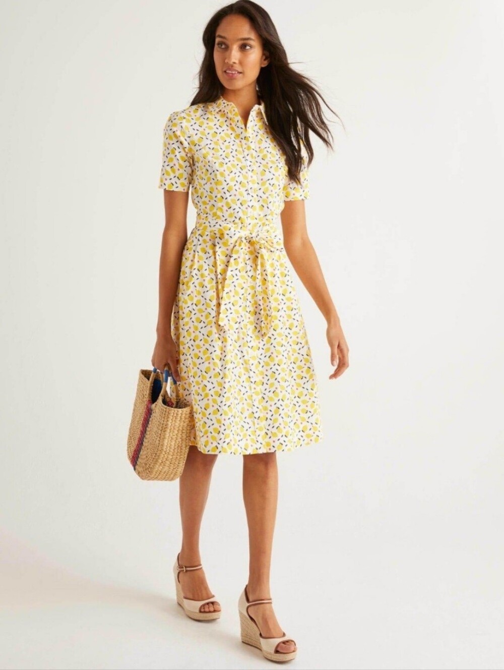 Boden Anastasia lemon print shirt dress Crisp Cotton Belted Pockets Sz 8R Retro